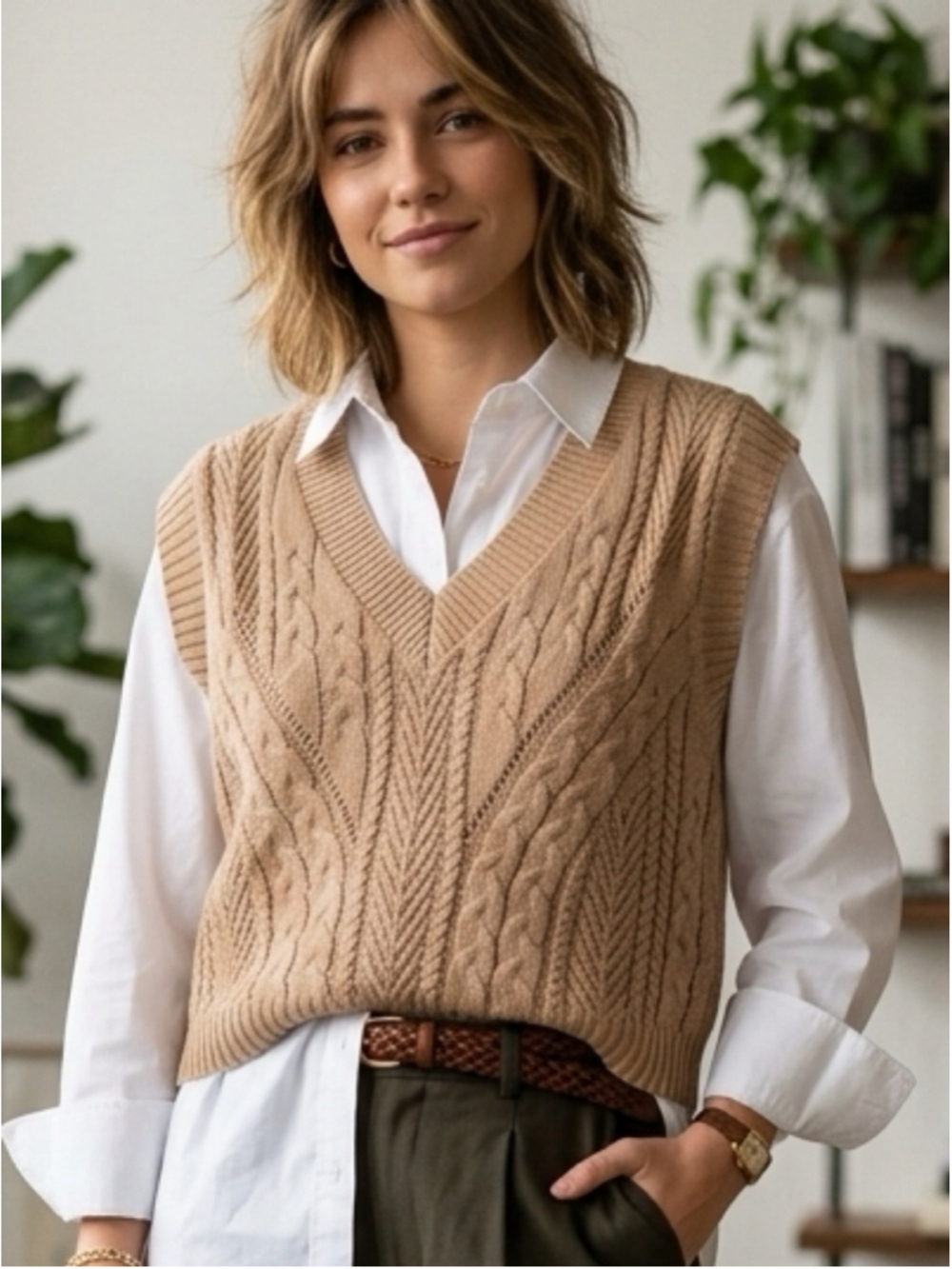 Mango MNG Cable Knit Sweater Vest Beige Tan V-Neck Sleeveless Crop Top S 2137